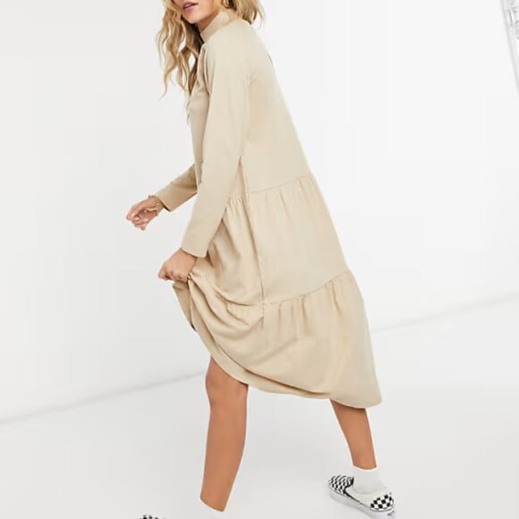 ASOS DESIGN | Smock Midi Dress Tiered Hem color Beige size 10 - Picture 3 of 4